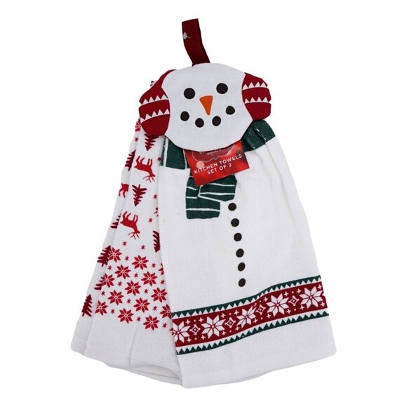 St Nicholas Square Kitchen Towels Christmas Snowman Set Of 2 100% Cotton - Picture 1 of 5
